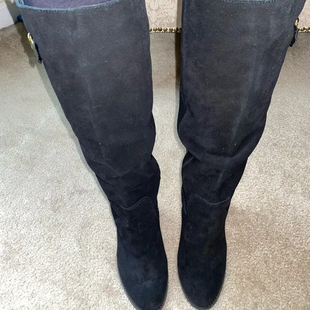 Kelsi Dagger Garnet Hill $225 Women's Black Suede Knee-High Boots 7 EUC